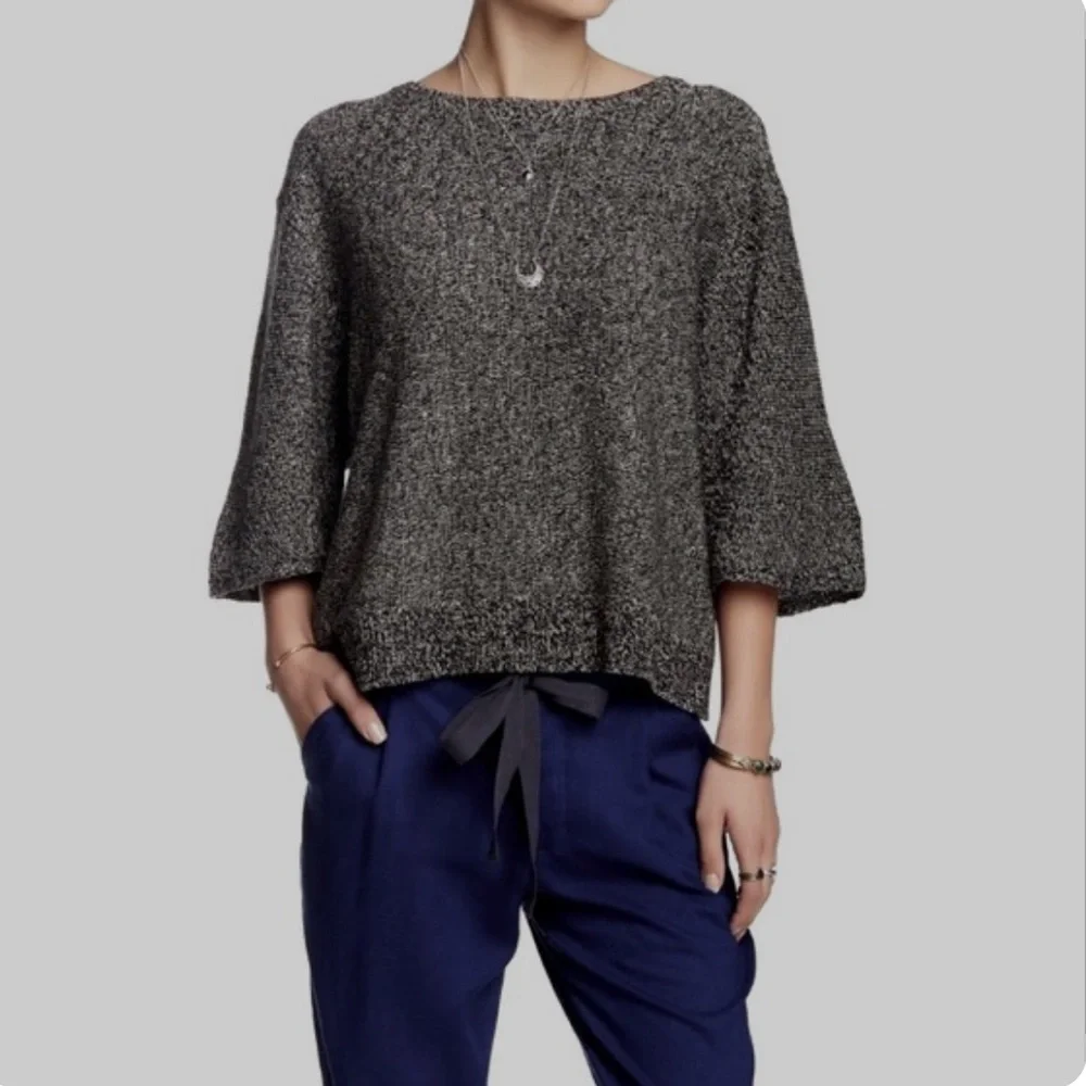 FREE PEOPLE Rising Sun Knit Black Combo Split Back Crop Pullover Sweater Top⚫️⚪️